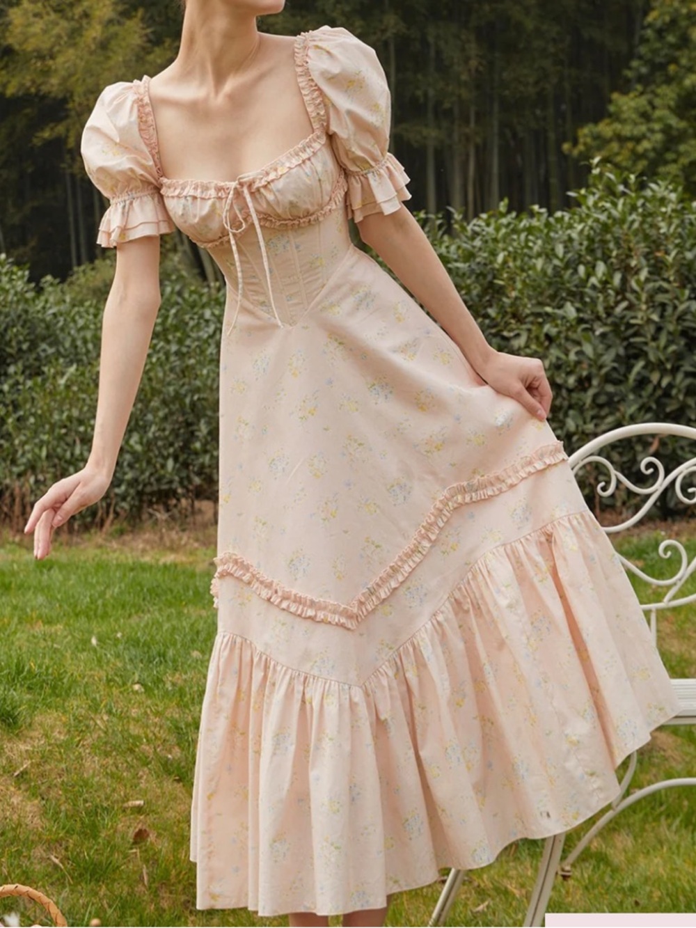 Elegant Puff-Sleeve Midi Dress in Blush Pink from lacemade
